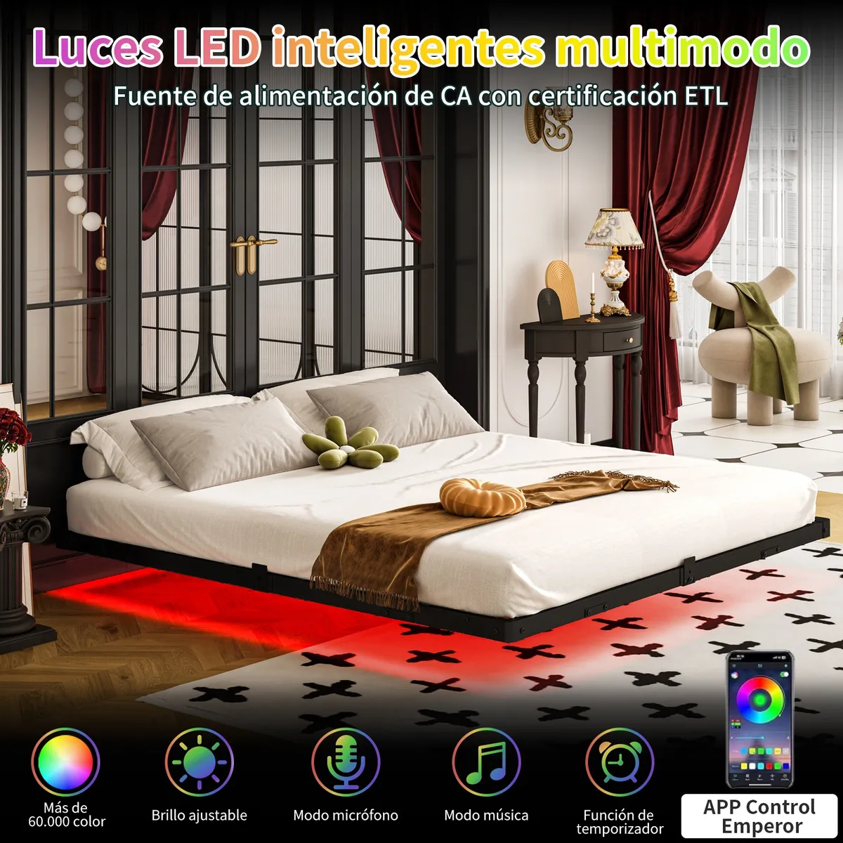 Base Cama King Size Flotante Con Luces Led Ajustables